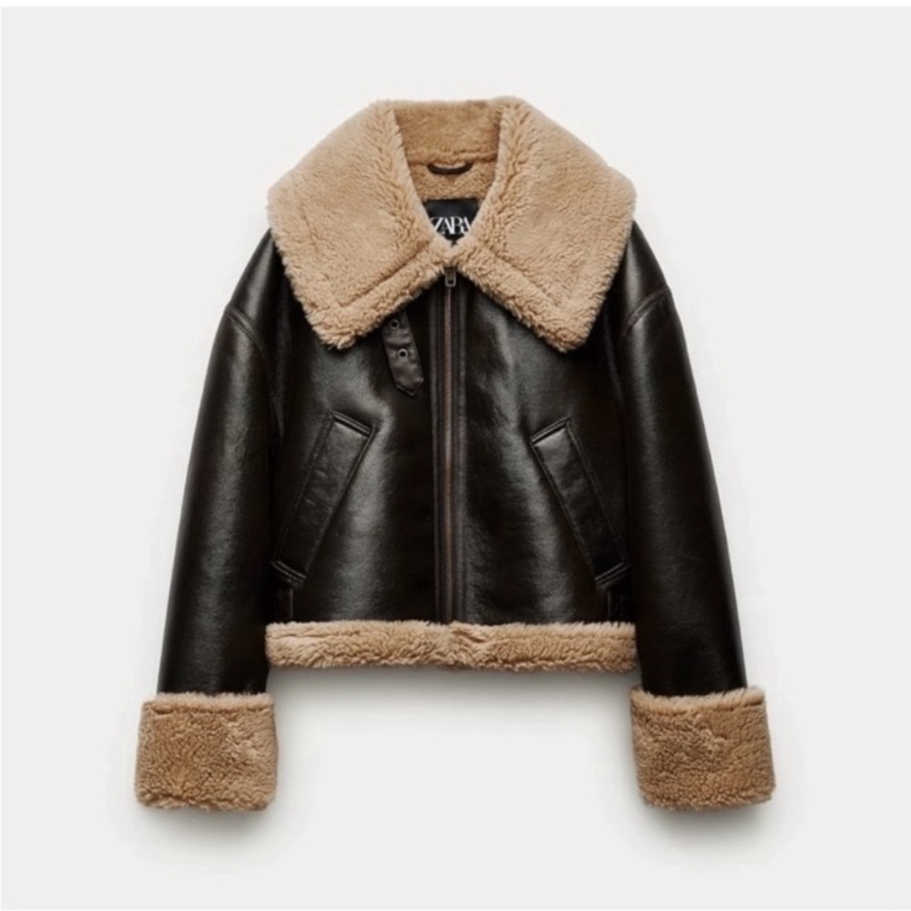 Zara double sided short leather Sherpa aviator jacket